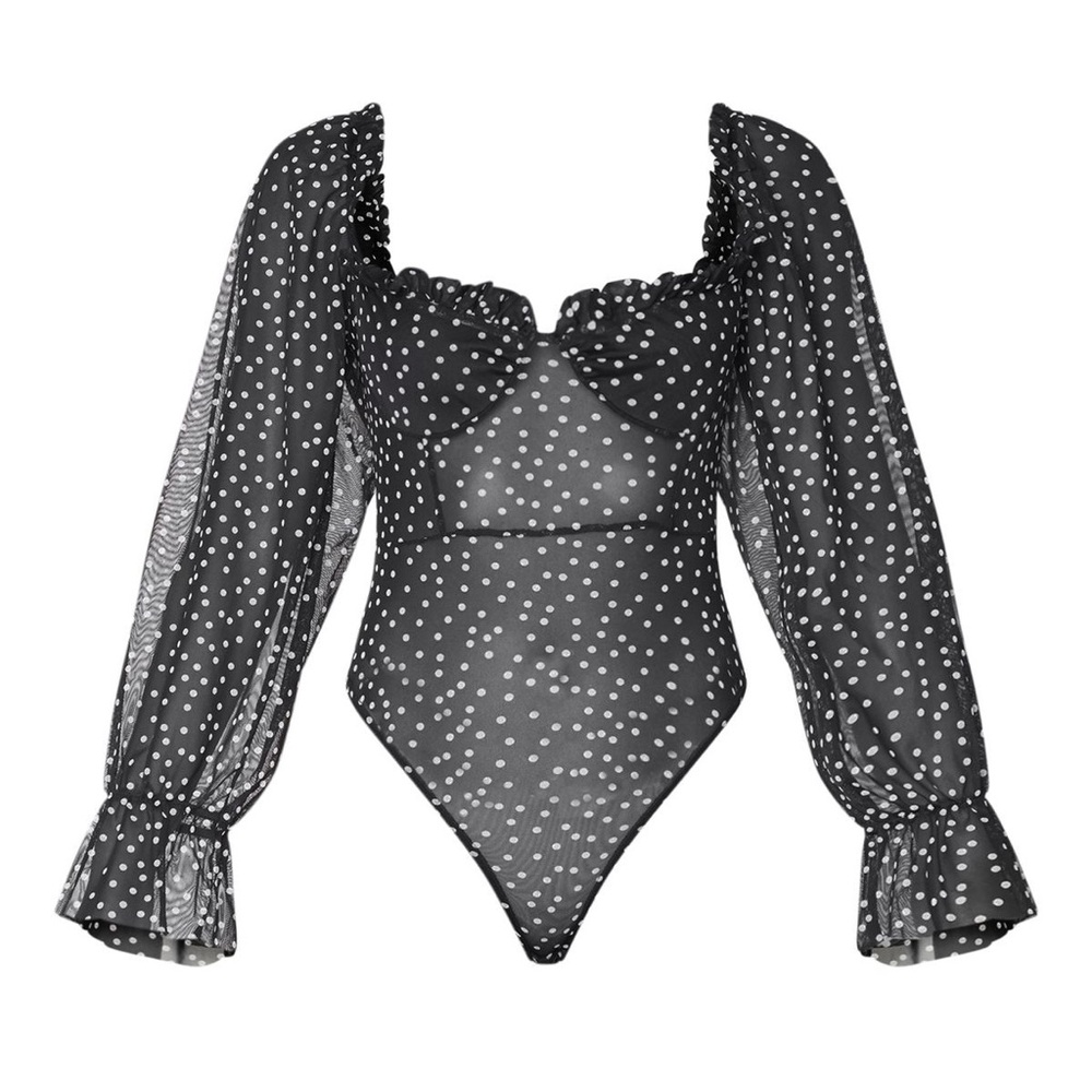 PrettyLittleThing Black Polka Dot Mesh Bodysuit